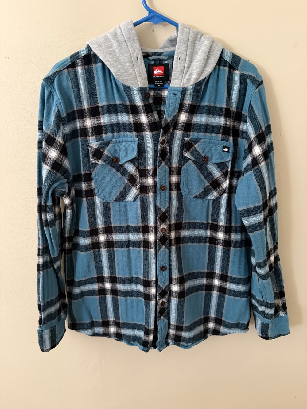 Quiksilver Men’s Teal, Black & Gray Plaid Hooded Flannel Shirt M